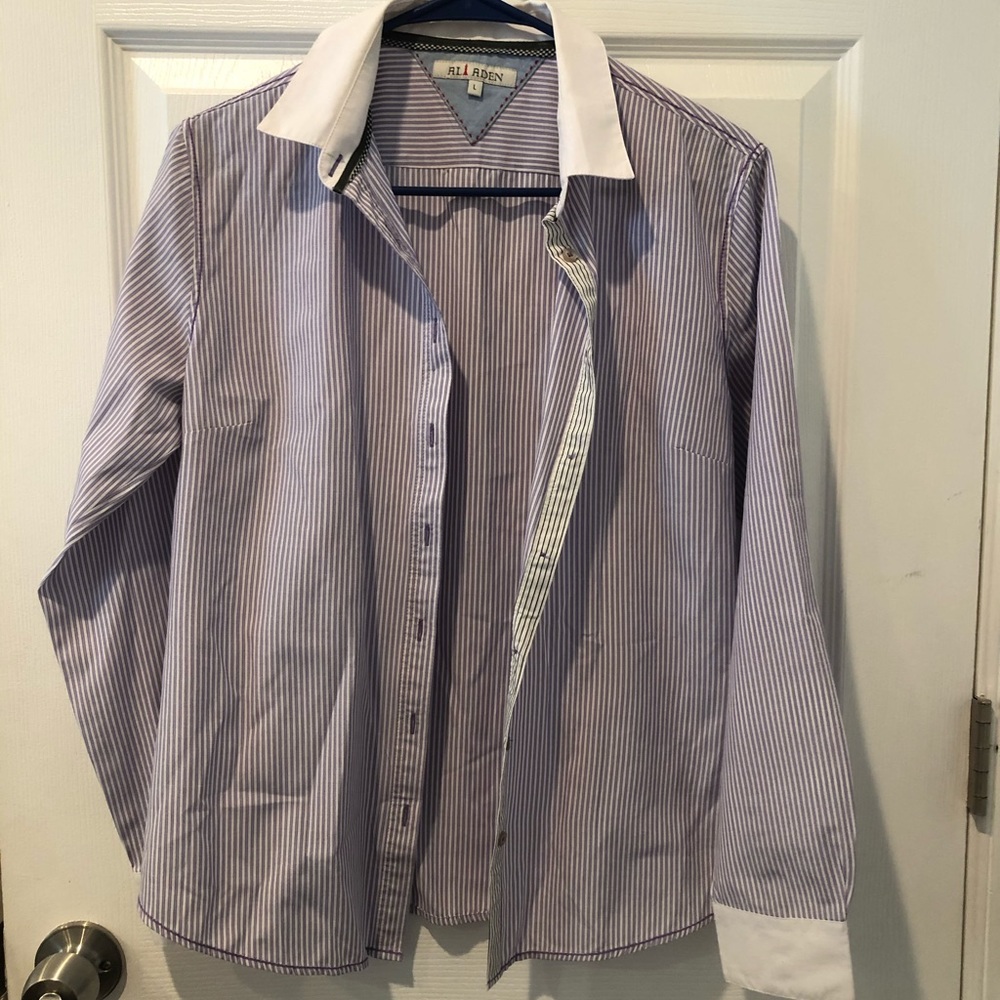 Women’s Purple/blue white striped button up shirt